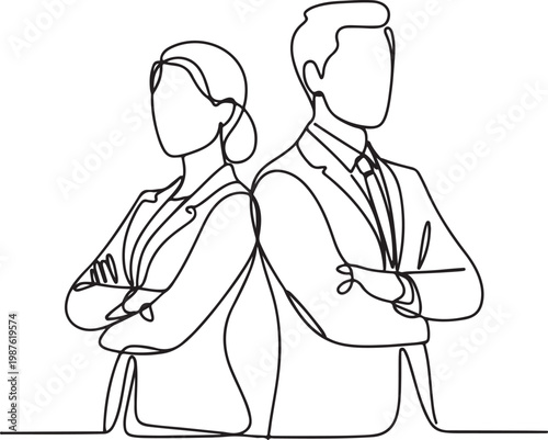 continuous line of business people man and woman.single line drawing portrait of man and woman standing folding hands.one line drawing vector illustration