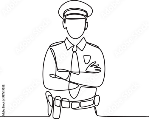continuous line police crossing arms.single line art of male police pose.one line drawing vector illustration