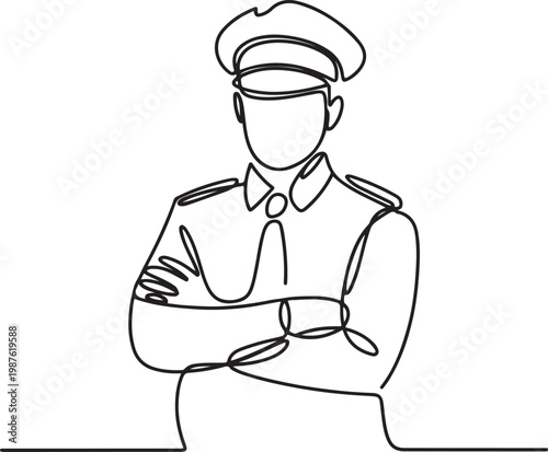 continuous line police crossing arms.single line art of male police pose.one line drawing vector illustration