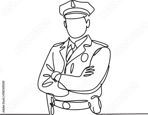 continuous line police crossing arms.single line art of male police pose.one line drawing vector illustration