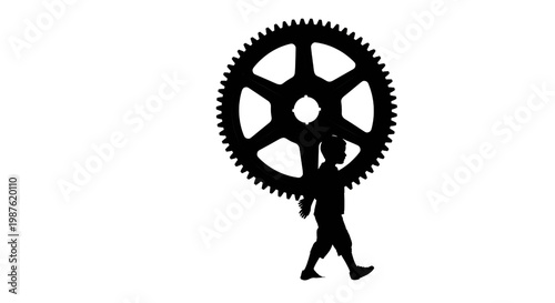 Silhouette of a person carrying a large gear over their shoulder symbolizing industry and progress.
