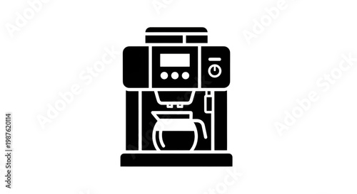 A black icon representing a modern coffee maker brewing a beverage into a glass carafe.
