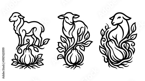 Elegant Black and White Sheep and Pear Design Elements
