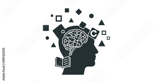 Thinking Brain with Book and Shapes.
