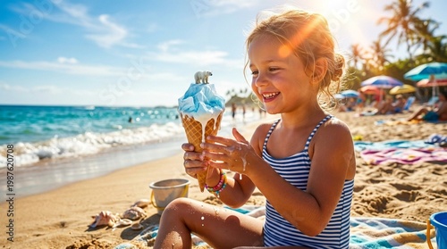 Young girl with blonde hair enjoying ice cream cone with blue topping and polar bear figurine on a sandy beach with ocean waves and colorful umbrellas in the background