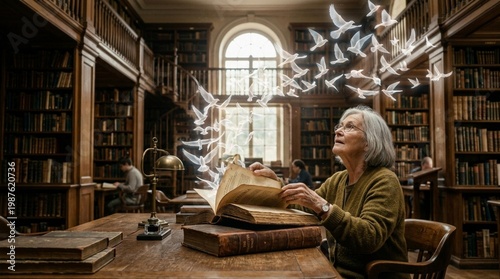 Elderly woman with gray hair reading a large book in a library, surrounded by floating white birds, wooden tables, and shelves filled with books in the background