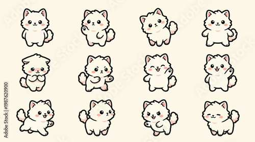 A charming collection of 12 adorable fluffy white cartoon kittens, each depicted in a unique and playful pose, showcasing a variety of cute expressions and actions.