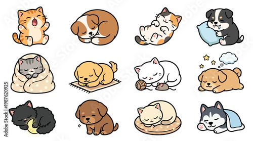 A charming collection of adorable cartoon kittens and puppies peacefully napping in various cozy positions, showcasing their sweet and sleepy nature.