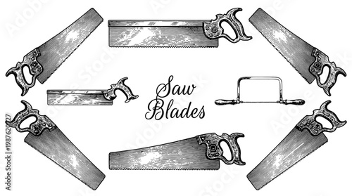 Vintage Hand Saw Tool Set, Engraving Style Woodworking Saw Blades Vector Illustration