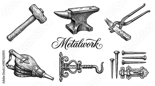 Vintage Blacksmith Metalwork Tool Set including Anvil, Hammer, Bellows, Tongs, and Hardware in Engraved Style Vector Illustration