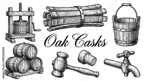 Vintage Winemaking and Cooperage Equipment Set Vector Illustration Featuring Oak Casks, Wine Press, Wooden Bucket, Staves, Mallet, Cork and Tap in Engraving Style