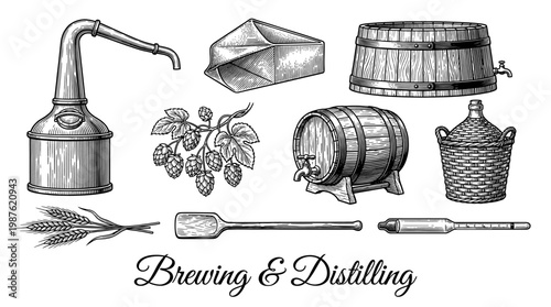Vintage Brewing and Distilling Equipment Vector Illustration Set with Copper Still, Wooden Barrels, Hops, and Wheat