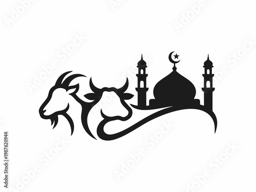 Eid al-Adha Islamic Sacrifice Concept with Cow, Goat, and Mosque Silhouette Illustration