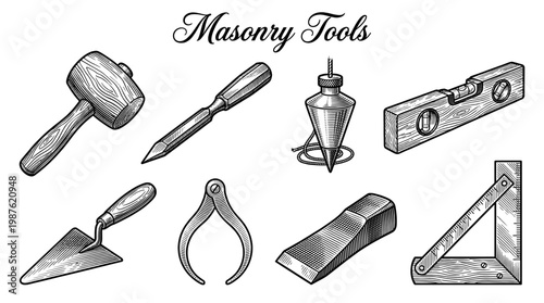 Vintage Masonry and Stoneworking Tools Vector Set in Engraving Style Featuring Trowel, Mallet, Chisel, and Spirit Level