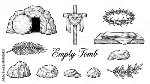 Easter Resurrection Religious Symbols Collection with Empty Tomb Cross and Crown of Thorns Vector