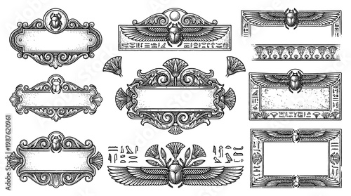 Set of Ancient Egyptian Ornate Frames and Borders with Winged Scarab and Hieroglyphs in Vintage Engraving Style