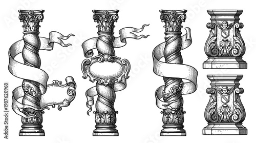 Vintage Engraved Architectural Columns with Ribbons and Decorative Banners Set