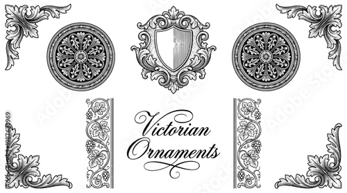 Set of Victorian Decorative Ornaments with Heraldic Shield, Floral Rosettes, and Engraved Borders Vector Illustration