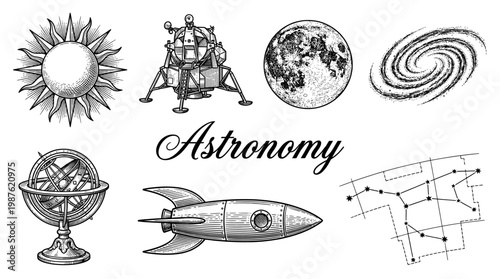 Vintage Astronomy and Space Exploration Vector Illustration Set with Sun, Moon, Rocket, Galaxy, and Star Constellation in Engraved Style