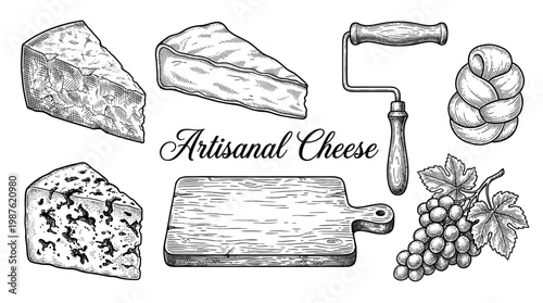Vintage Engraving Style Artisanal Cheese Collection with Brie, Blue Cheese, Parmesan, Mozzarella, Grapes, and Cutting Board Vector Illustration Set