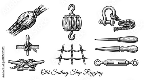 Vintage Nautical Sailing Ship Rigging Elements Collection Hand-Drawn Engraving Vector Illustration