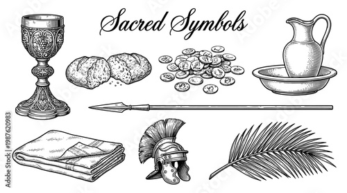 Sacred Biblical Symbols and Religious Icons in Vintage Engraving Style Including Chalice, Bread, Roman Coins, Helmet, Palm Leaf, and Spear for Christian Easter and Passion Story