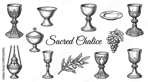 Sacred Chalice and Religious Liturgical Objects Vector Illustration Engraving Set