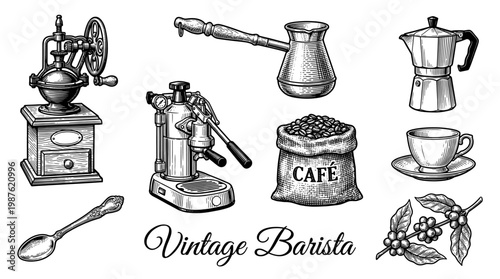 Vintage Barista Coffee Equipment Set with Retro Grinder Espresso Machine Moka Pot and Coffee Beans Vector Illustration