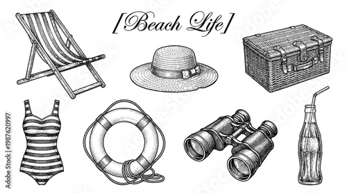 Vintage Beach Life Illustration Set Featuring Retro Hand Drawn Engraved Icons of Deck Chair, Straw Hat, Picnic Basket, Lifebuoy, and Summer Accessories