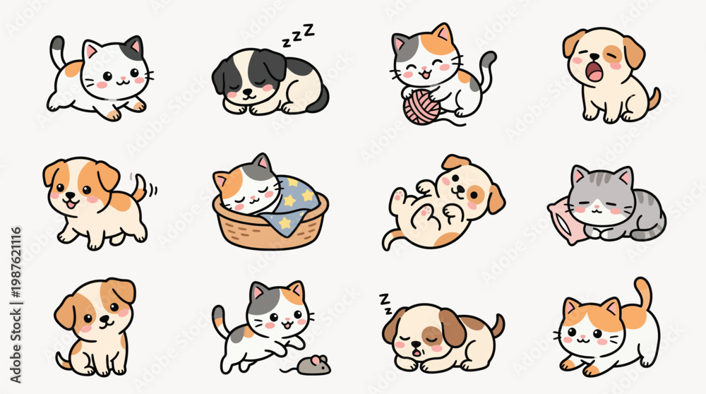 Fototapeta premium A charming collection of adorable cartoon kittens and puppies in various playful and sleepy poses, rendered in a cute, simple art style.