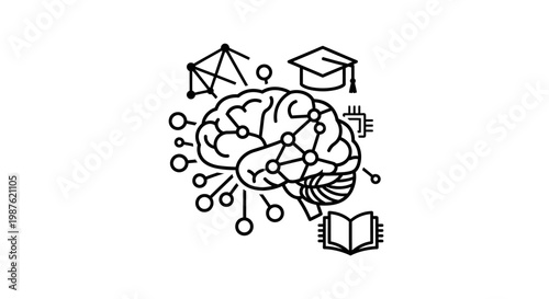 Brain with education icons around it.