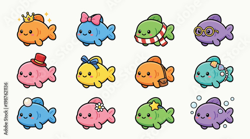 A charming collection of 12 adorable kawaii-style cartoon fish, each uniquely adorned with cute accessories like crowns, bows, hats, and glasses, presented in a grid layout.