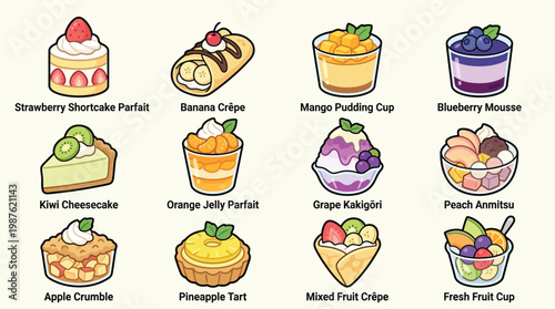 A charming illustration showcasing a delightful assortment of twelve distinct desserts and sweet treats, each with its own unique name.