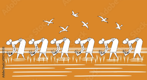 Warli art style illustration of farmers planting rice, traditional Indian tribal folk art scene, rural agriculture and farming vector isolated PNG with Transparent Background