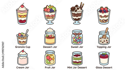 A collection of twelve delicious and visually appealing desserts served in various glass containers, including cups, jars, and bowls, showcasing a variety of fruits, creams, and toppings.