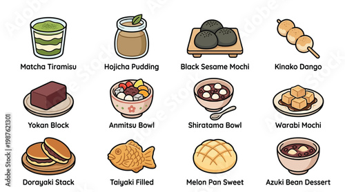 A vibrant and detailed illustration showcasing a delightful assortment of twelve popular Japanese desserts and sweets, each labeled with its name.