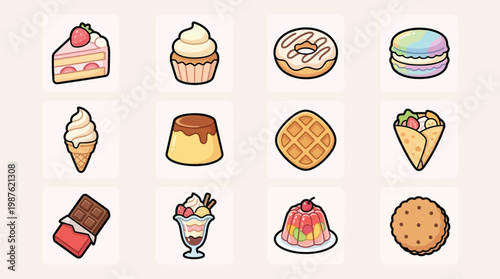 A delightful collection of 12 cute, cartoon-style dessert and snack icons, perfect for digital use.