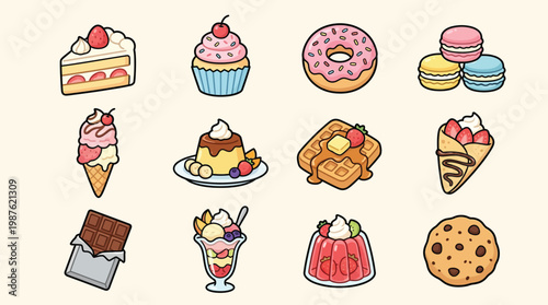A delightful collection of twelve colorful and appetizing illustrations of various sweet desserts and treats.