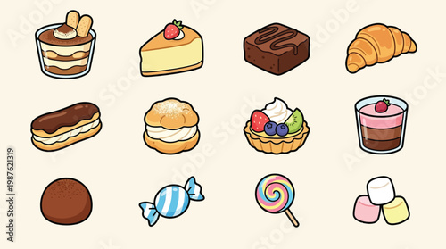 A delightful collection of sweet treats and desserts, including cakes, pastries, and candies, presented in a charming illustration.