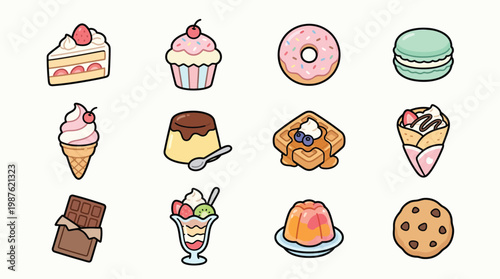A delightful collection of sweet treats, including cake slices, cupcakes, donuts, macarons, ice cream cones, puddings, waffles, crepes, chocolate bars, parfaits, jellies, and cookies.