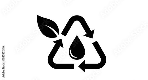 Recycling symbol with leaf and water.
