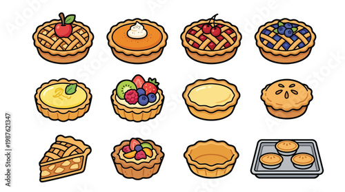A delightful collection of various pies and tarts, showcasing different fillings and crust designs, including fruit, pumpkin, and custard varieties.