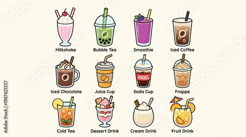 A collection of 12 different types of beverages, including milkshakes, bubble tea, smoothies, iced coffee, and fruit drinks, displayed in a grid.