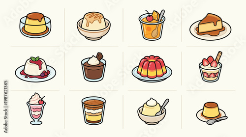 A delightful collection of various desserts, including puddings, jellies, and fruit-topped treats, presented in a grid format.