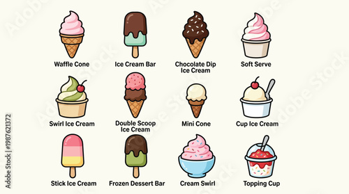 A vibrant collection of twelve different types of ice cream treats, including cones, bars, and cups, presented in a grid layout.