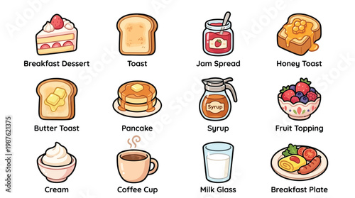 A delightful collection of breakfast food items and drinks, including toast, pancakes, fruit, coffee, and more, presented in a charming cartoon style.