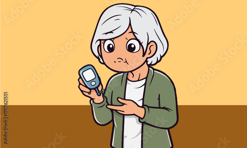 Elderly woman checking blood sugar with glucose meter vector, senior patient monitoring diabetes health, cartoon illustration of grandmother using medical device for insulin control