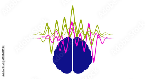 Brain with colorful wave lines.