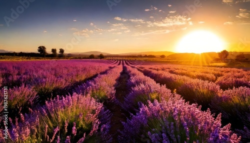 Lavender Field at Sunset - A Serene Landscape of Purple Hues.