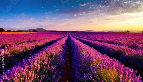 Lavender field at sunset - A vibrant landscape of purple blooms.